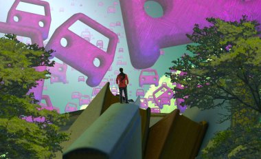 Soyut renkli arka plan, hayal gücü kavramı insan silueti.