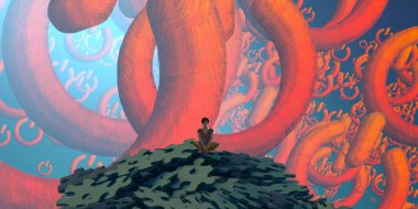 Soyut renkli arka plan, hayal gücü kavramı insan silueti.