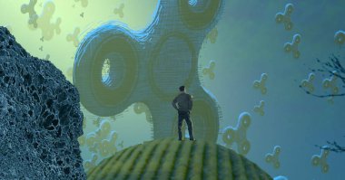 Soyut renkli arka plan, hayal gücü kavramı insan silueti.