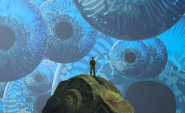 Soyut renkli arka plan, hayal gücü kavramı insan silueti.