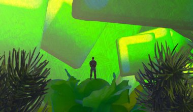 Soyut renkli arka plan, hayal gücü kavramı insan silueti.