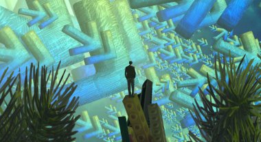 Soyut renkli arka plan, hayal gücü kavramı insan silueti.