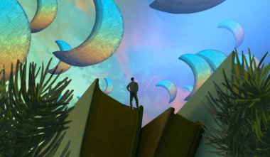 Soyut renkli arka plan, hayal gücü kavramı insan silueti.