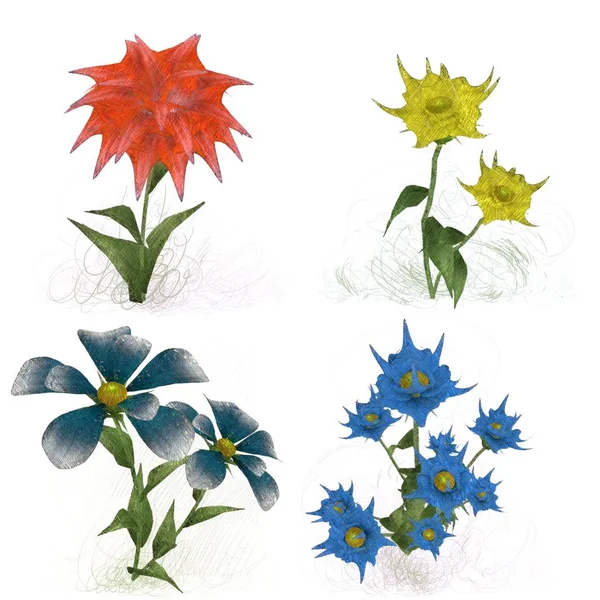 Set Watercolor Flowers White Background — Stock Photo, Image