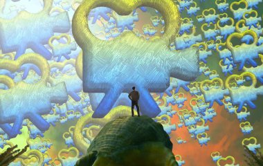 Soyut renkli arka plan, hayal gücü kavramı insan silueti.