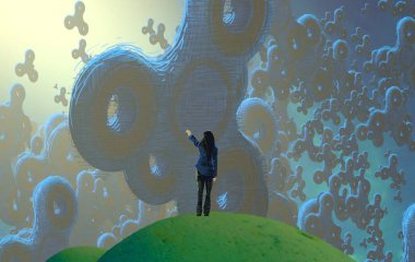 Soyut renkli arka plan, hayal gücü kavramı insan silueti.