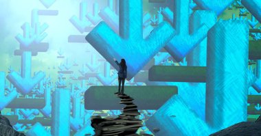 Soyut renkli arka plan, hayal gücü kavramı insan silueti.