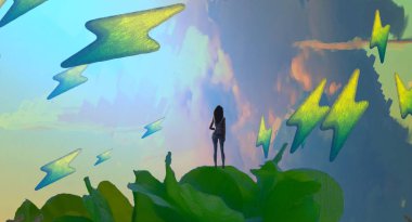 Soyut renkli arka plan, hayal gücü kavramı insan silueti.