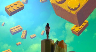 Soyut renkli arka plan, hayal gücü kavramı insan silueti.