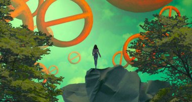 Soyut renkli arka plan, hayal gücü kavramı insan silueti.