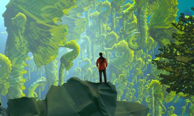 Soyut renkli arka plan, hayal gücü kavramı insan silueti.