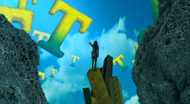 Soyut renkli arka plan, hayal gücü kavramı insan silueti.