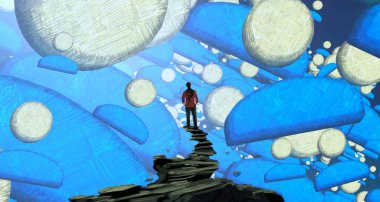 Soyut renkli arka plan, hayal gücü kavramı insan silueti.