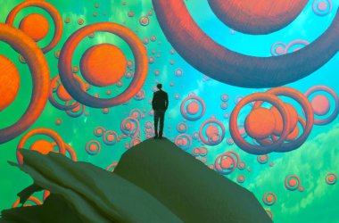 Soyut renkli arka plan, hayal gücü kavramı insan silueti.