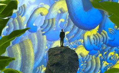 Soyut renkli arka plan, hayal gücü kavramı insan silueti.