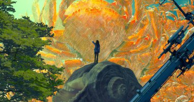 Soyut renkli arka plan, hayal gücü kavramı insan silueti.