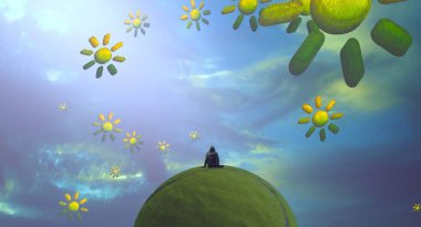 Soyut renkli arka plan, hayal gücü kavramı insan silueti.