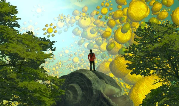 Soyut renkli arka plan, hayal gücü kavramı insan silueti.