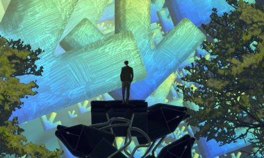 Soyut renkli arka plan, hayal gücü kavramı insan silueti.