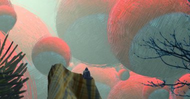 Soyut renkli arka plan, hayal gücü kavramı insan silueti.