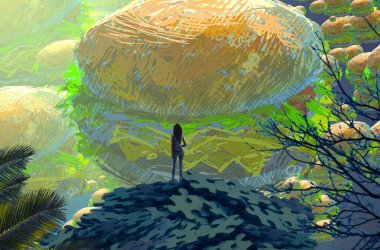 Soyut renkli arka plan, hayal gücü kavramı insan silueti.