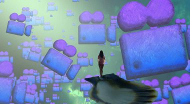 Soyut renkli arka plan, hayal gücü kavramı insan silueti.