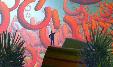 Soyut renkli arka plan, hayal gücü kavramı insan silueti.