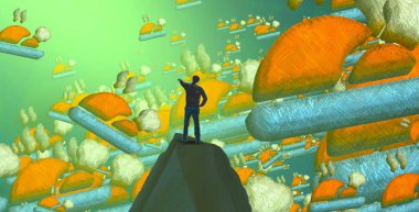 Soyut renkli arka plan, hayal gücü kavramı insan silueti.