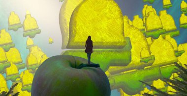 Soyut renkli arka plan, hayal gücü kavramı insan silueti.