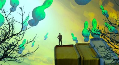 Soyut renkli arka plan, hayal gücü kavramı insan silueti.