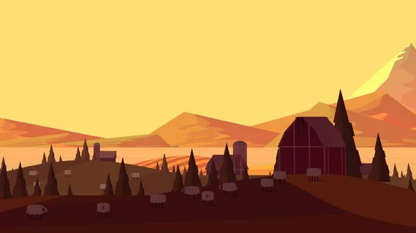 Sunset evening farmland cartoon landscape