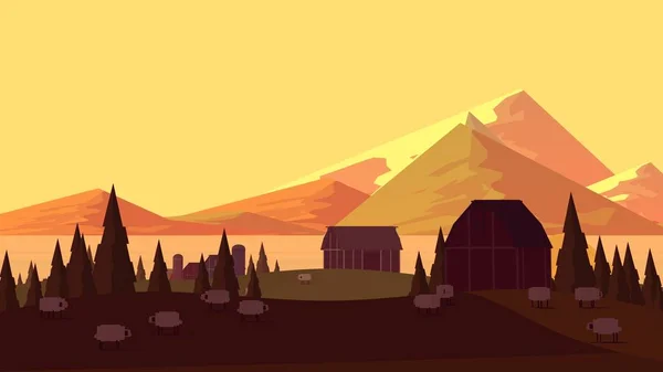 Sunset Evening Farmland Cartoon Landscape — Stock Photo, Image