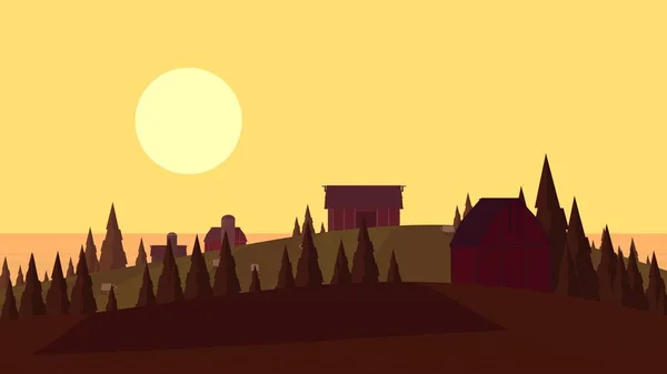 Sunset evening farmland cartoon landscape