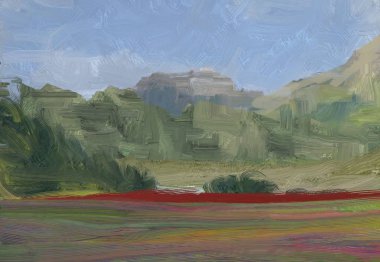 Renkli yeşil kırsal alan ve çim. Yaz zamanı. 2d illüstrasyon. Yağlıboya manzara sanatı. Kırsal dağlık bölge.