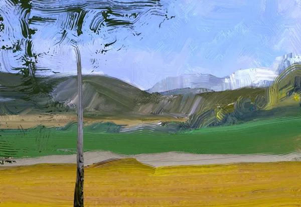Ilustrace Olejomalba Krajinné Umění Venkovského Horského Regionu Barevné Zelené Pole — Stock fotografie