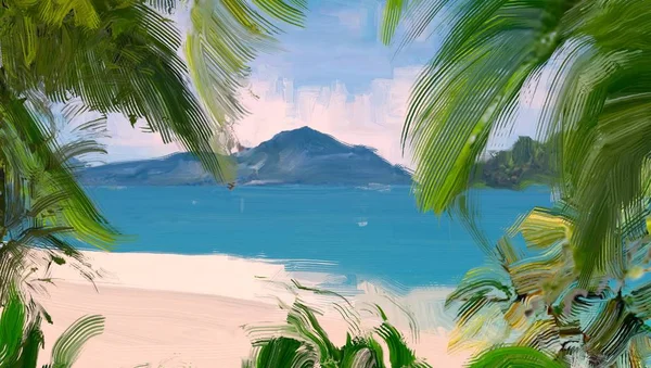 Dibujo Paisaje Marino Con Gouache Pinturas Acrílicas — Foto de Stock