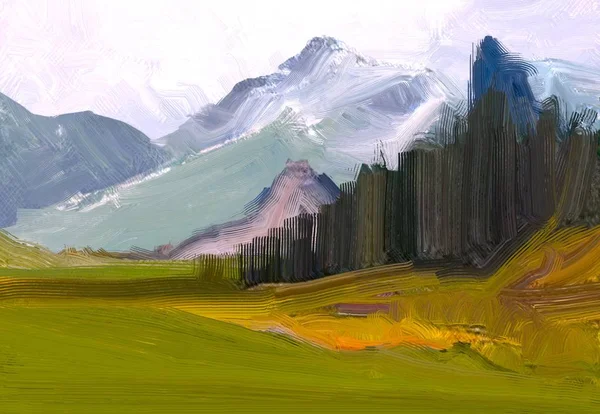 Ilustração Pintura Óleo Arte Paisagem Região Montanhosa Rural Campo Verde — Fotografia de Stock