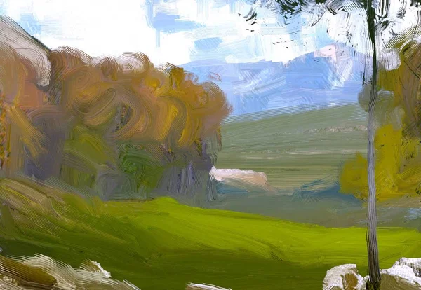 2d illustration. Oil painting landscape art. Rural mountain region. Colorful green field and grass. Summer time. Countryside.