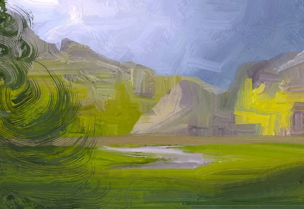 Ilustração Pintura Óleo Arte Paisagem Região Montanhosa Rural Campo Verde — Fotografia de Stock