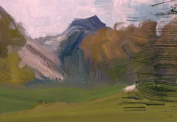 Illustrazione Pittura Olio Arte Paesaggistica Regione Rurale Montagna Campo Verde — Foto Stock