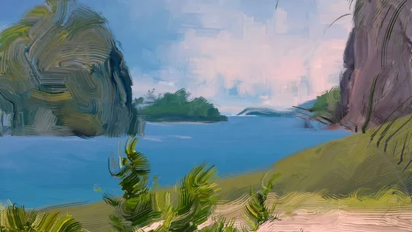 Dibujo Paisaje Marino Con Gouache Pinturas Acrílicas — Foto de Stock