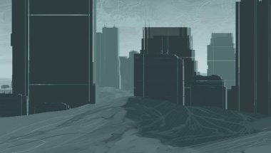 2d illüstrasyon. Gökdelen şehir metropol. Dijital sanat. El yapımı dijital boyama.   