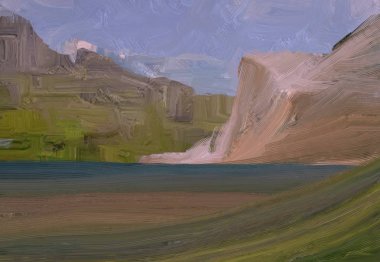 2d illüstrasyon. Yağlıboya manzara sanatı. Kırsal dağlık bölge. Renkli yeşil alan ve çimen. Yaz zamanı. Kırsal.