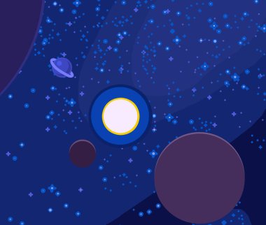 2d illüstrasyon. Karikatür stil boşluk resmi çizin. Derin geniş alan. Yıldızlar, gezegenler ve uydular. Çeşitli bilim kurgu yaratıcı fon. Uzay sanatı. Uzaylı güneş sistemleri. Gezegenler ve Uydular.