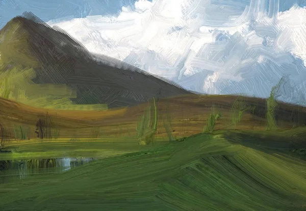 Colorato Campo Campagna Verde Erba Ora Legale Illustrazione Pittura Olio — Foto Stock