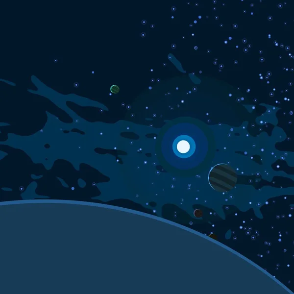 第2D条说明 卡通空间背景图片 浩瀚的太空星星 行星和月亮 各种科幻小说创作背景 空间艺术 外星太阳系 行星和卫星 — 图库照片