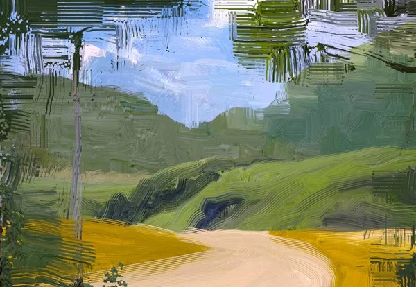 Ilustração Pintura Óleo Arte Paisagem Região Montanhosa Rural Campo Verde — Fotografia de Stock