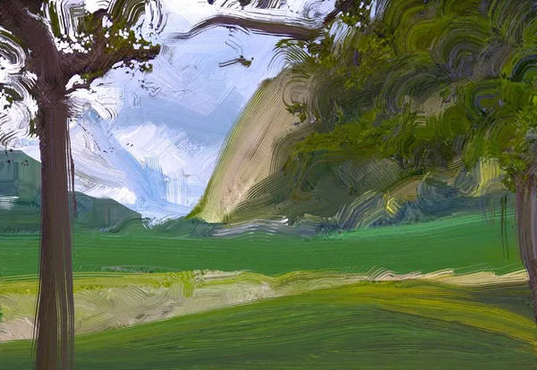 Illustration Peinture Huile Paysage Art Région Montagneuse Rurale Champ Vert — Photo