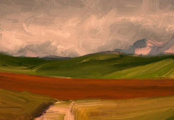 Illustrazione Pittura Olio Arte Paesaggistica Regione Rurale Montagna Colorato Campo — Foto Stock