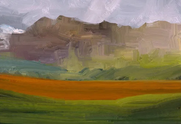 Ilustração Pintura Óleo Arte Paisagem Região Montanhosa Rural Campo Verde — Fotografia de Stock